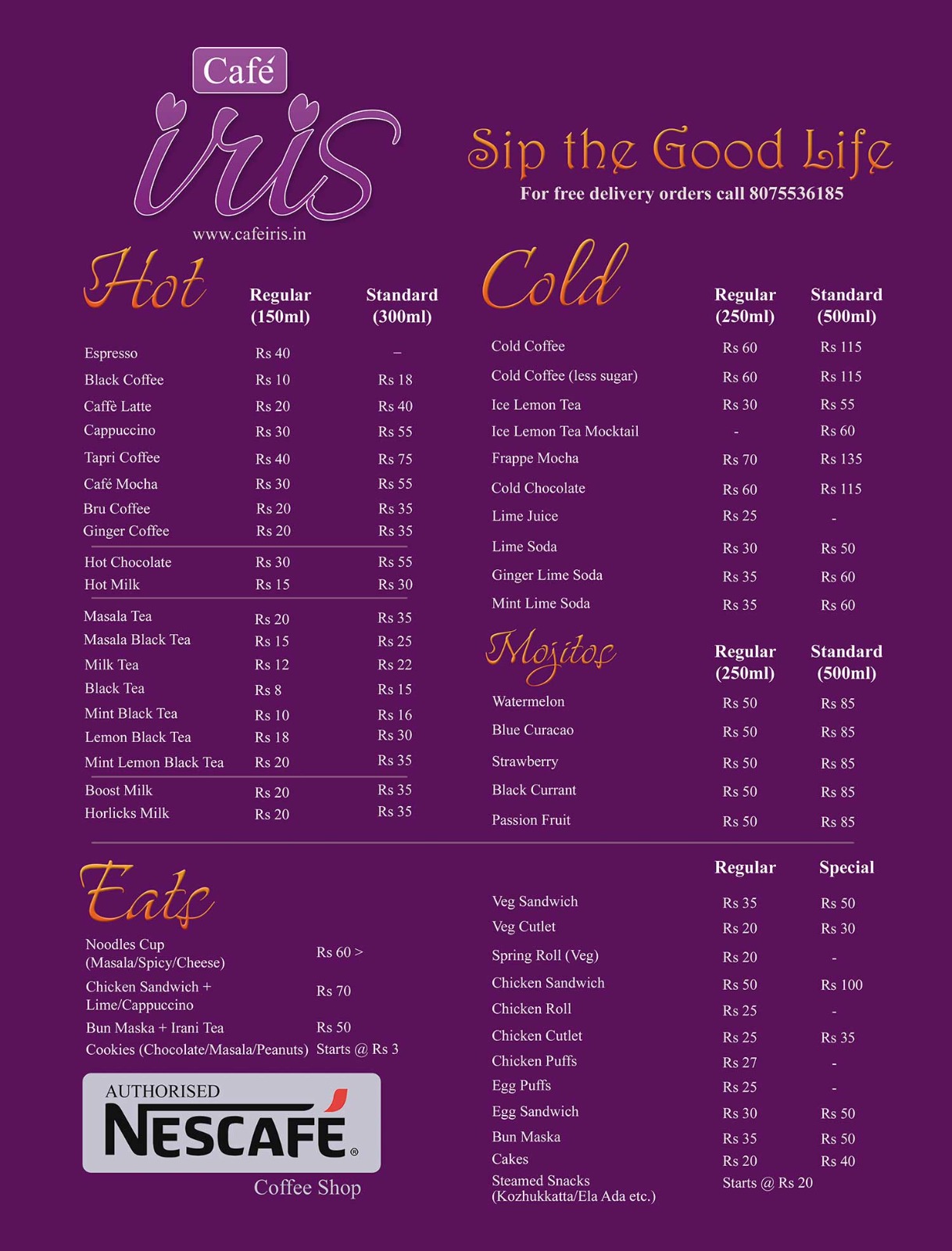 Café Iris Menu Page